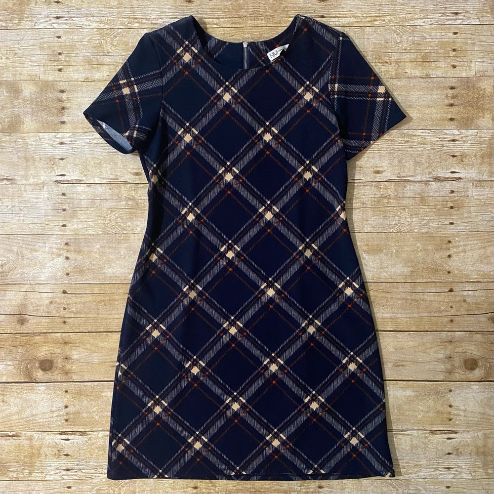 Neiman Marcus Women's Short Sleeve Diagonal Plaid Sheath Dress Sz 6